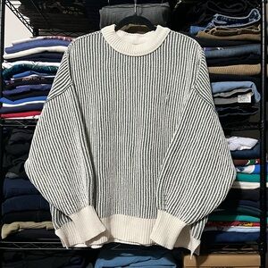 Aerie Green and White Striped Crewneck Sweater